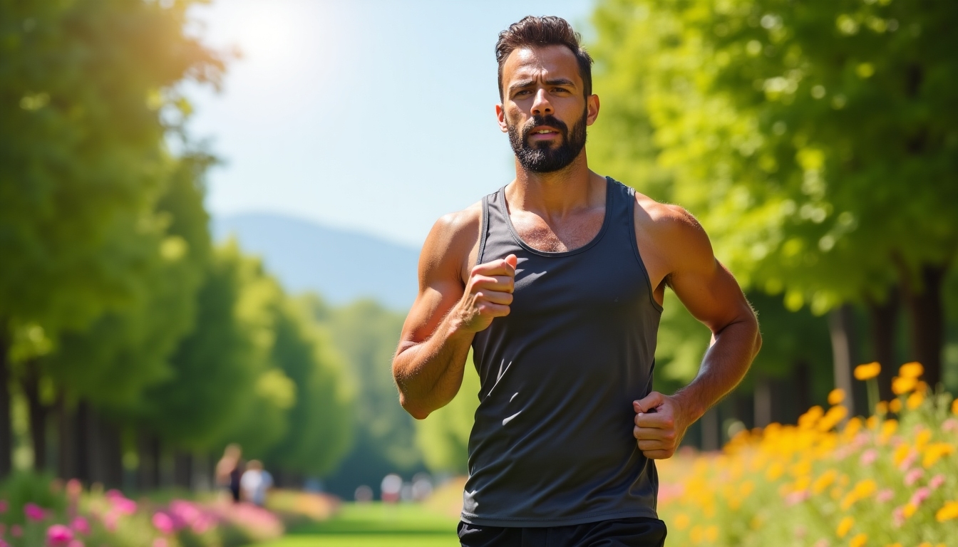 A man running in a park, symbolizing healthy lifestyle choices.