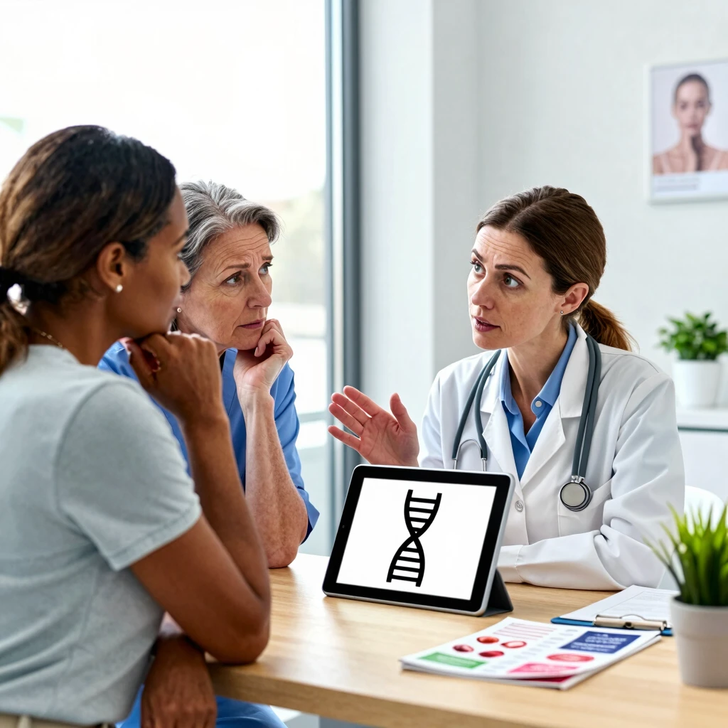 Couple discussing genetic testing options with fertility specialist in clinic