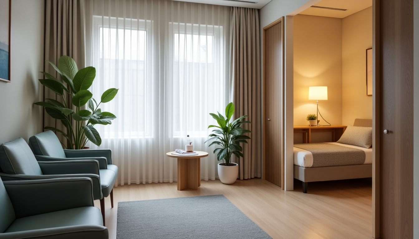 A private room at a fertility clinic for sperm collection, with comfortable seating and reading materials.