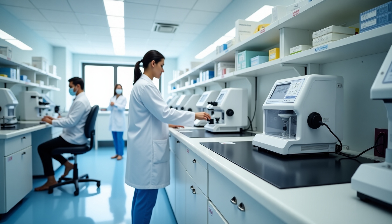 Medical laboratory with equipment used for sperm analysis and freezing.