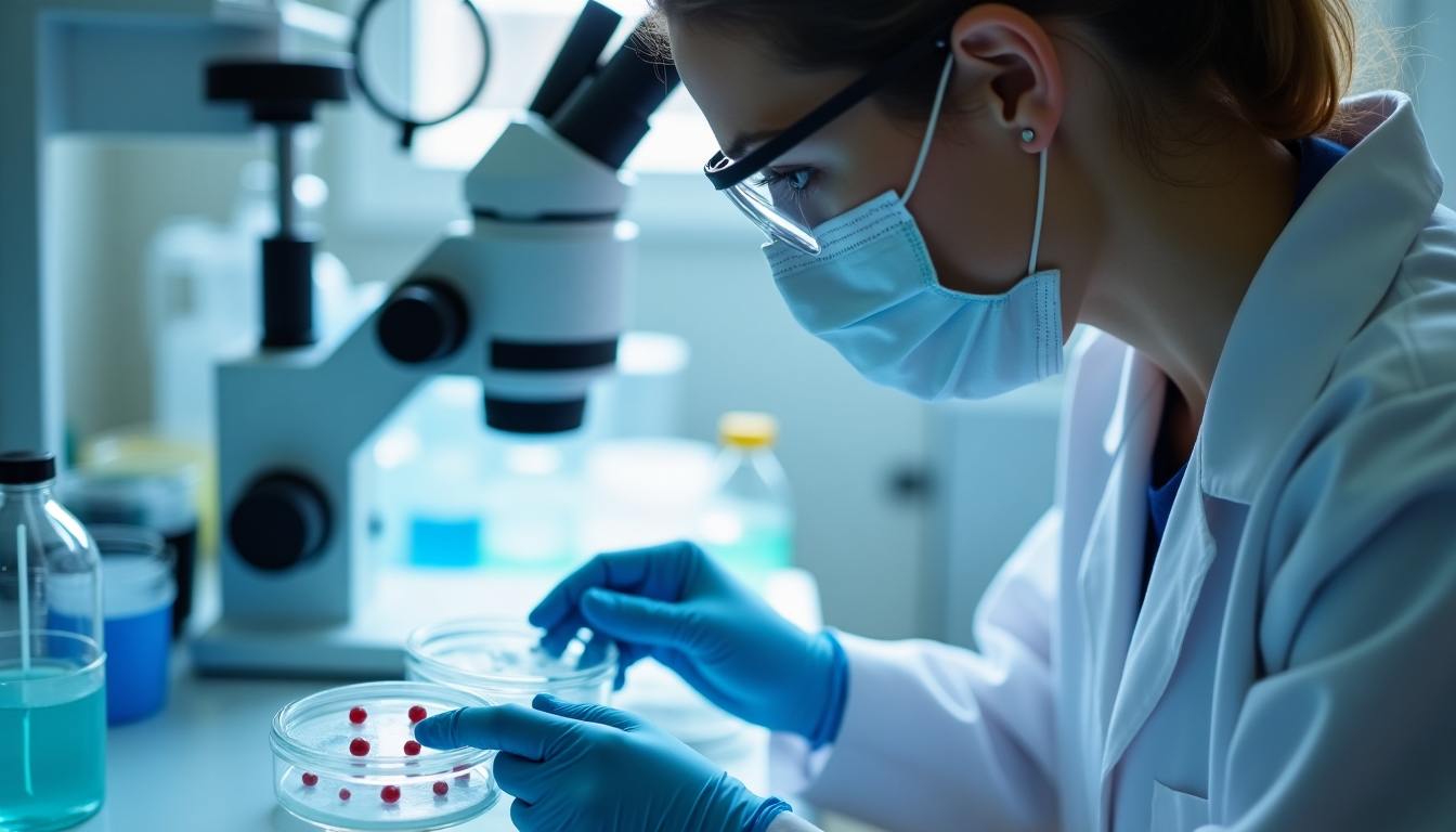A close-up of a lab technician handling petri dishes with embryos