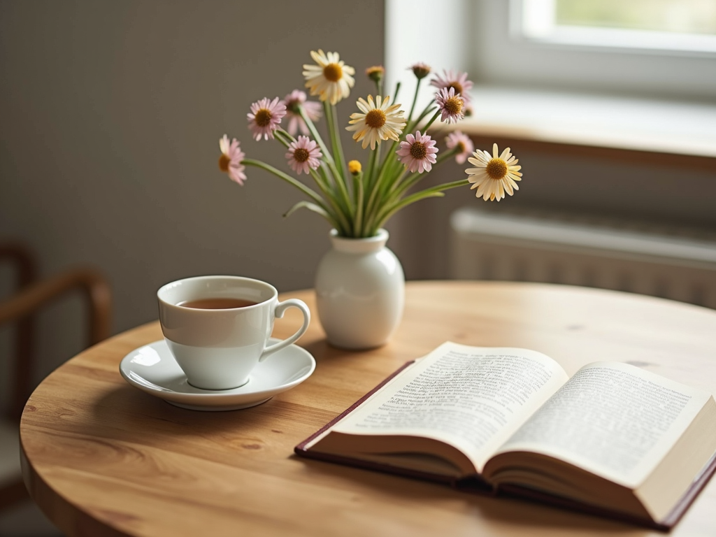 Cozy table with tea and flowers