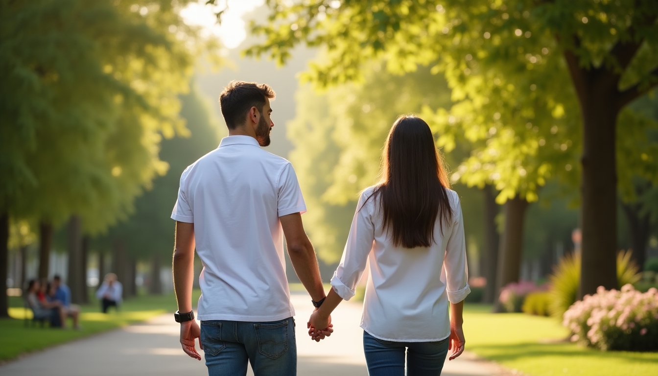 A couple holding hands on a walk, supportive and united.