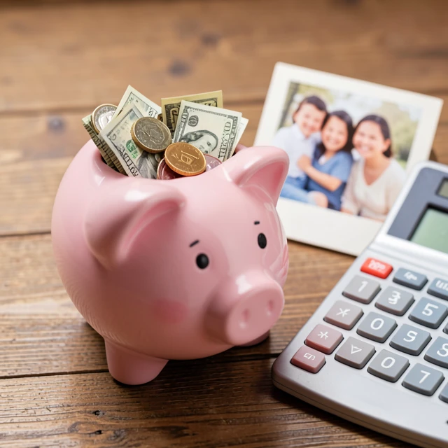 Saving money in a baby-themed piggy bank for parenthood expenses