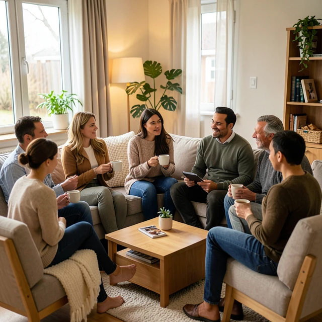 People in an emotional support group for infertility sharing experiences in a warm, welcoming space