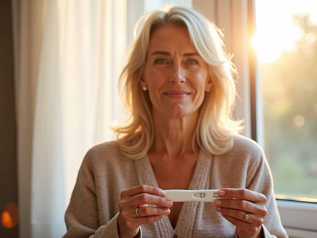 Woman over 40 celebrating a positive pregnancy test