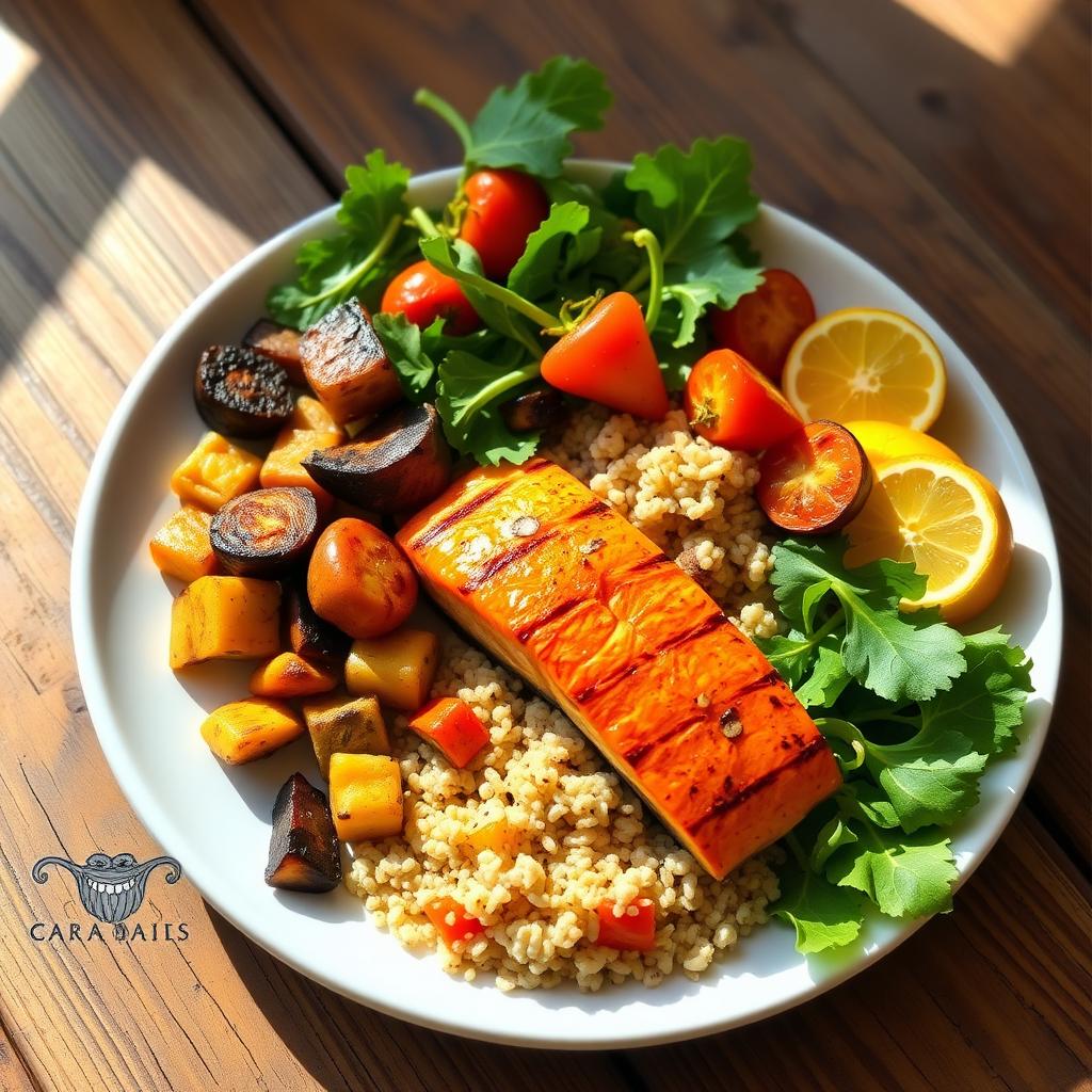 Healthy meal with salmon, quinoa, and vegetables, ideal for managing PCOS symptoms.