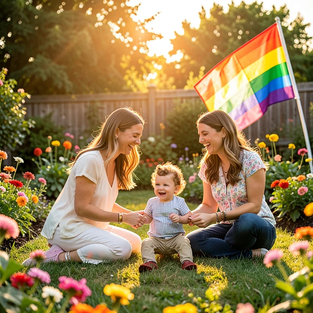 Diverse happy LGBTQ+ family enjoying time together outdoors