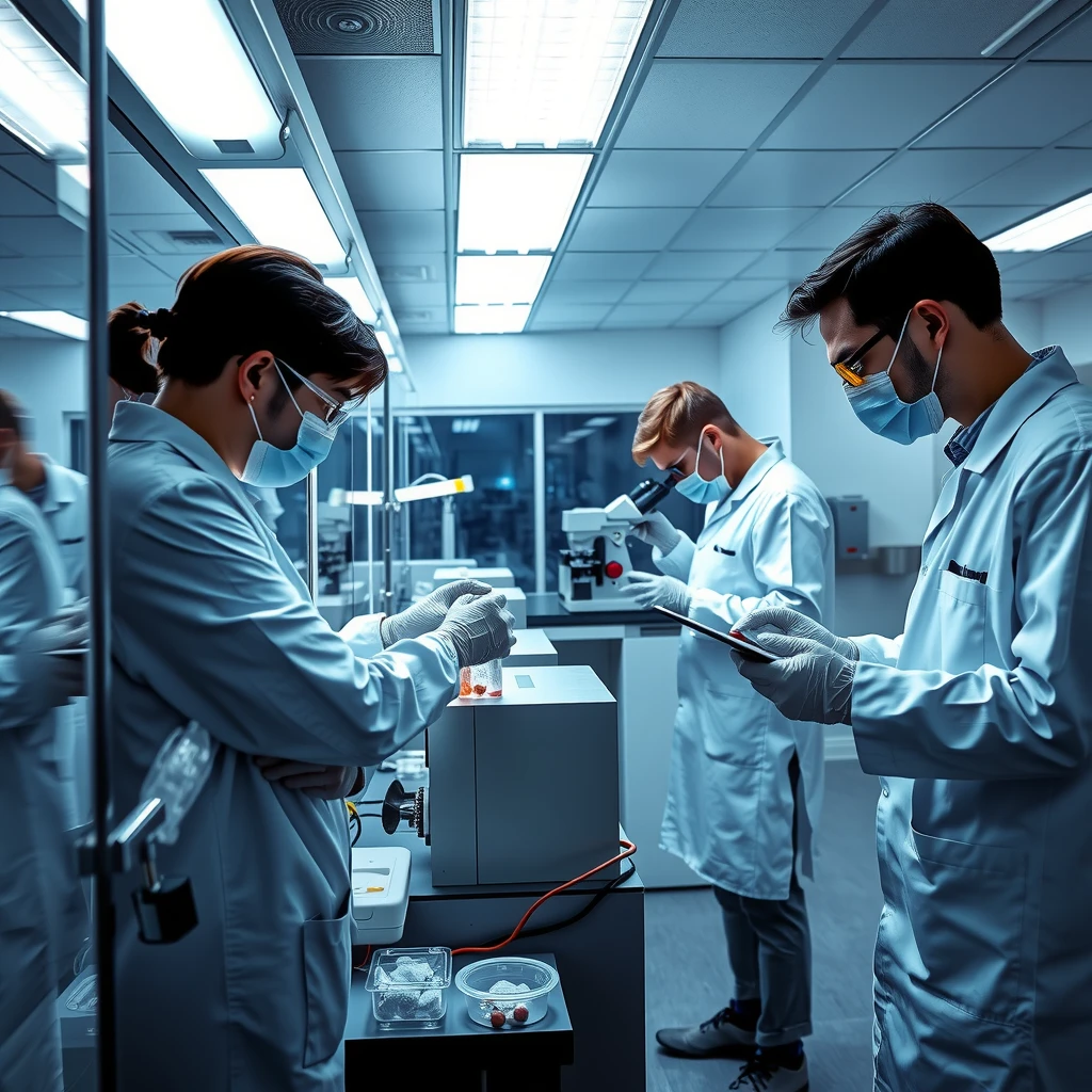 Scientists working in a cryopreservation lab with liquid nitrogen tanks.