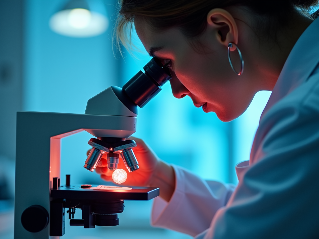 Scientist with embryo under microscope