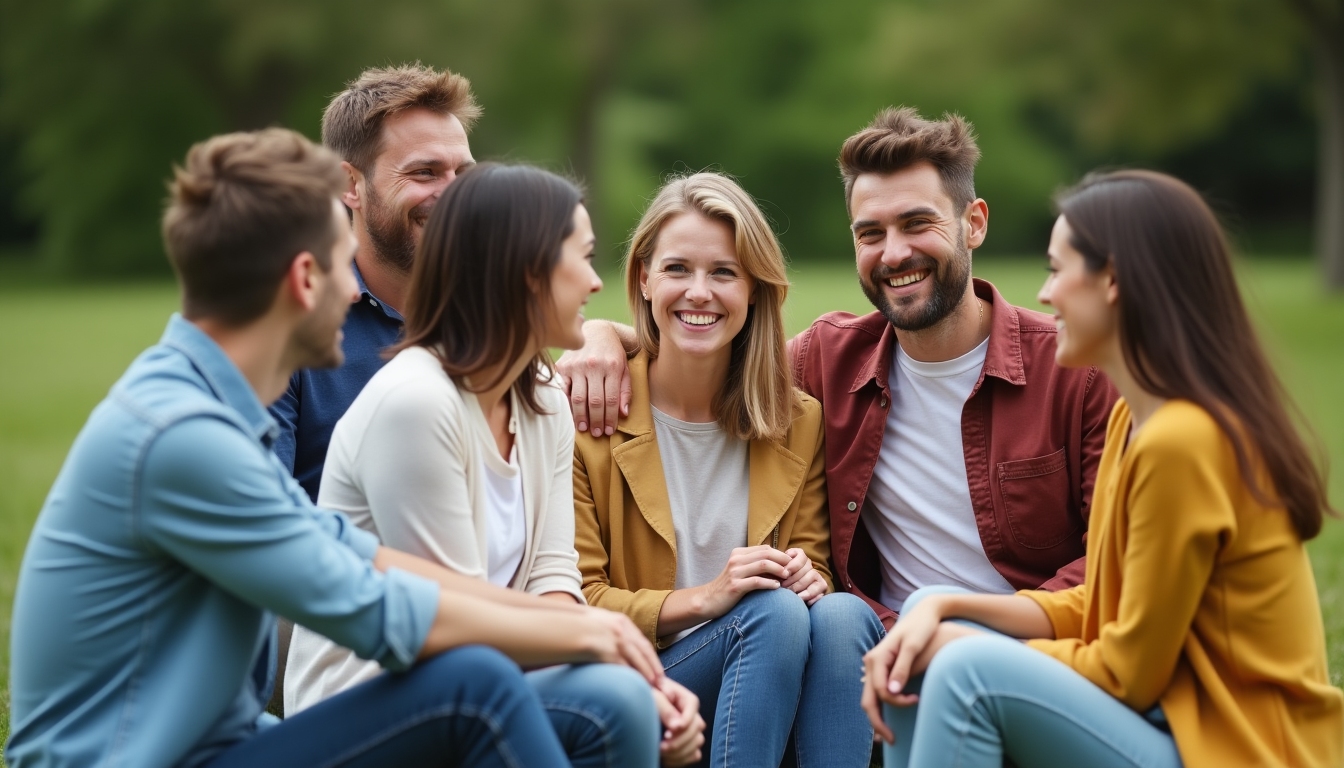 A support group of diverse same-sex couples engaging in conversation.