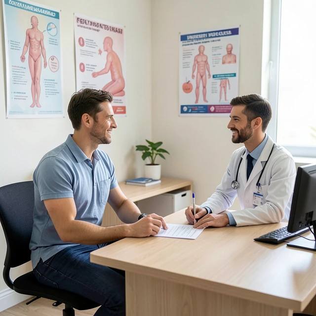 Doctor consulting with patient about sperm banking process in a modern fertility clinic