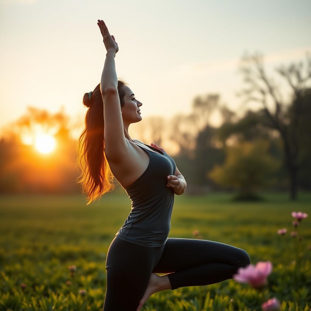 A woman practicing yoga in a tree pose in a lush green park at sunrise.