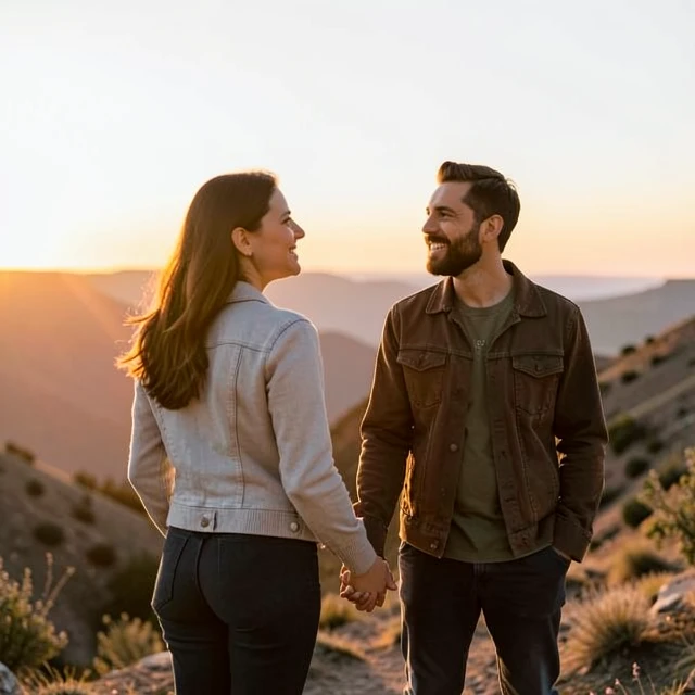 Hopeful couple envisioning their family future at sunset
