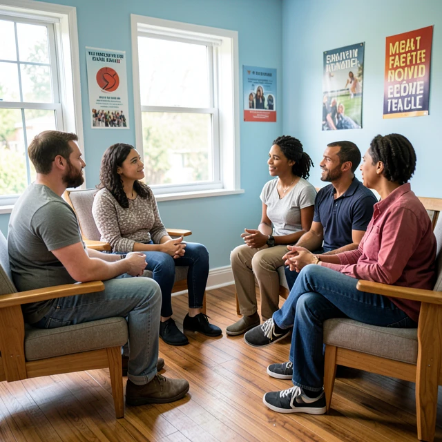 Group of people in an infertility support meeting sharing experiences