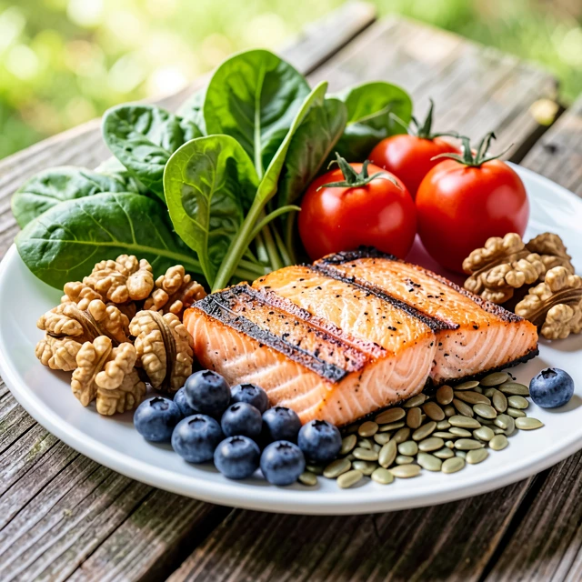 Plate of fertility-boosting foods including spinach, tomatoes, walnuts, salmon, and berries