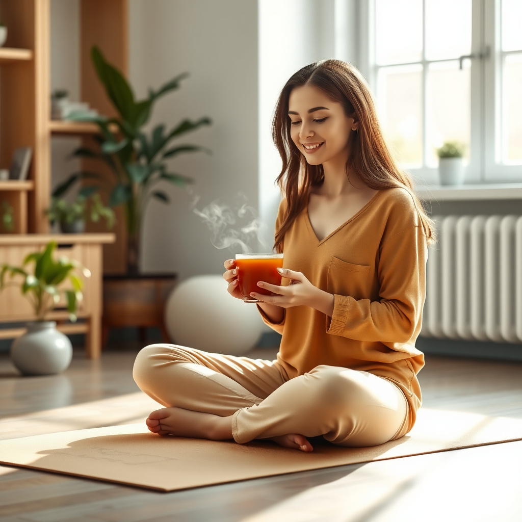 Woman practicing mindfulness with herbal tea to manage stress for fertility