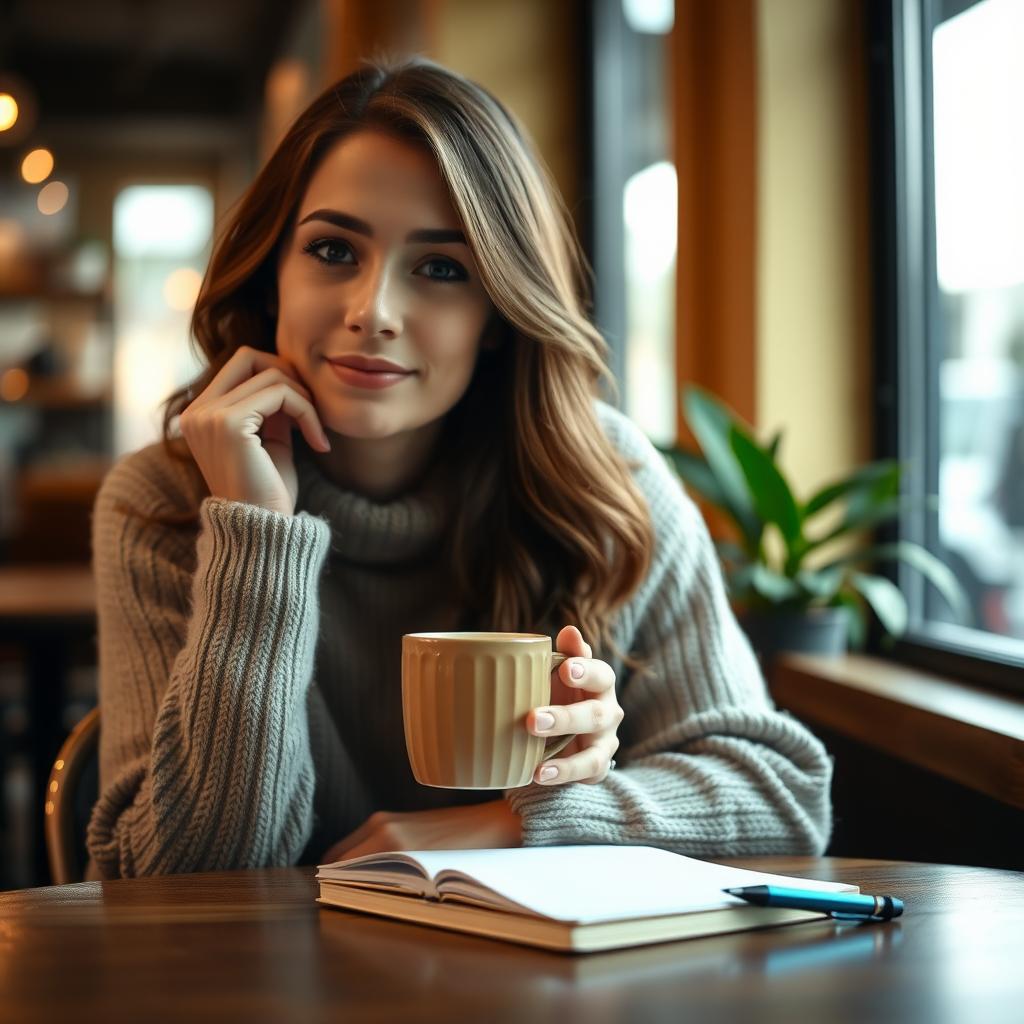 Woman in her 30s sitting thoughtfully at a coffee shop with a notebook and mug.