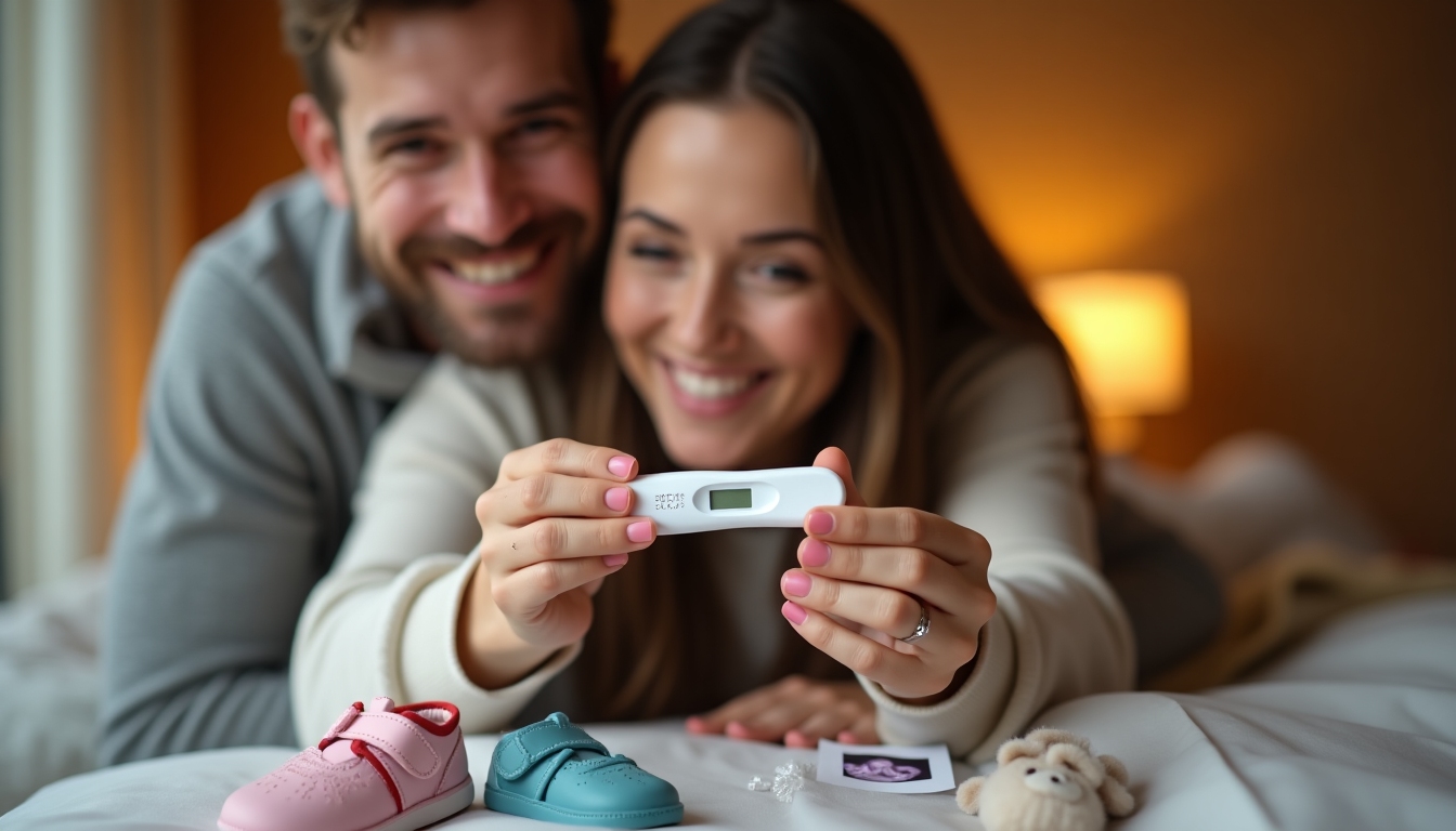 A happy couple sitting together, looking at a positive pregnancy test with joy and relief on their faces.