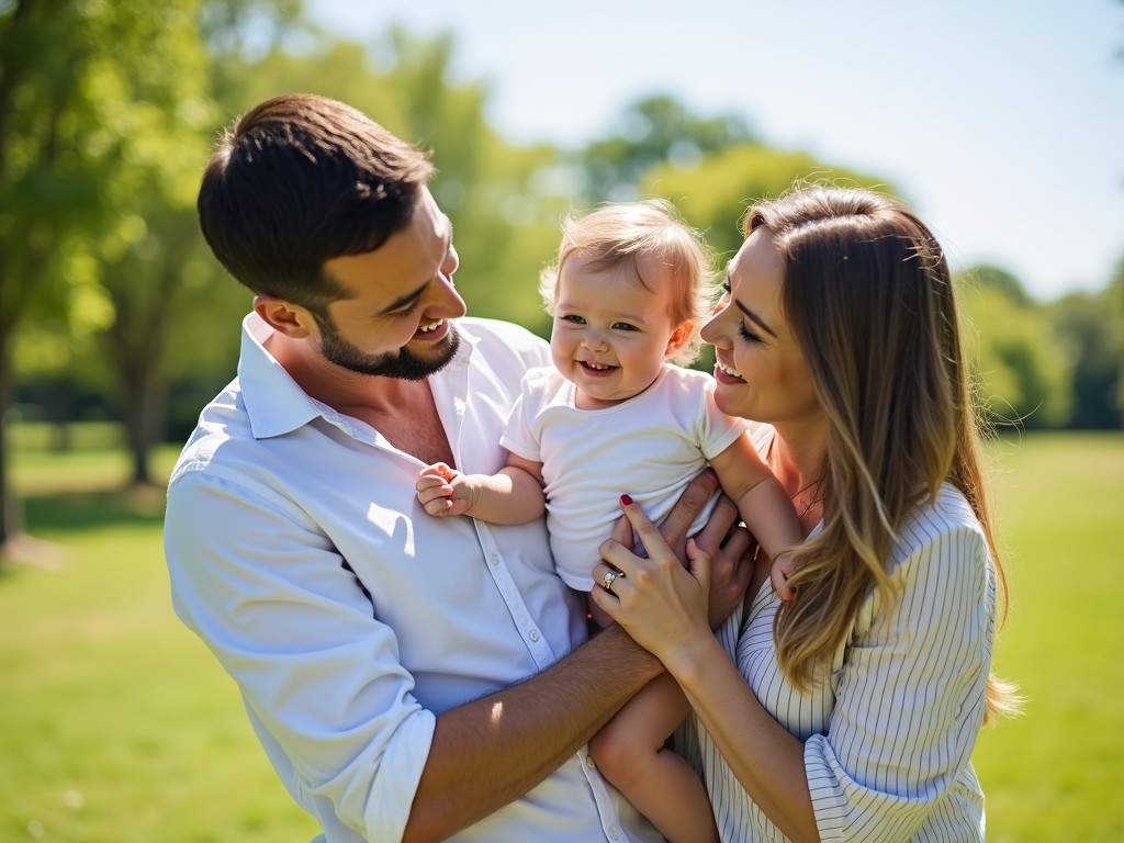 A family photo showing two parents and their child, all smiling, representing successful surrogacy.