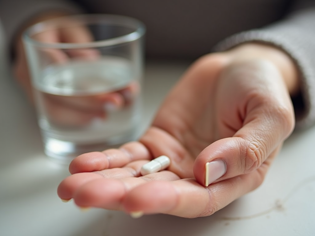 Woman holding a pill with a glass of water