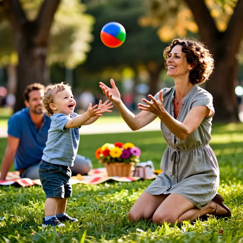 Cancer survivor mother playing joyfully with her young child in a park