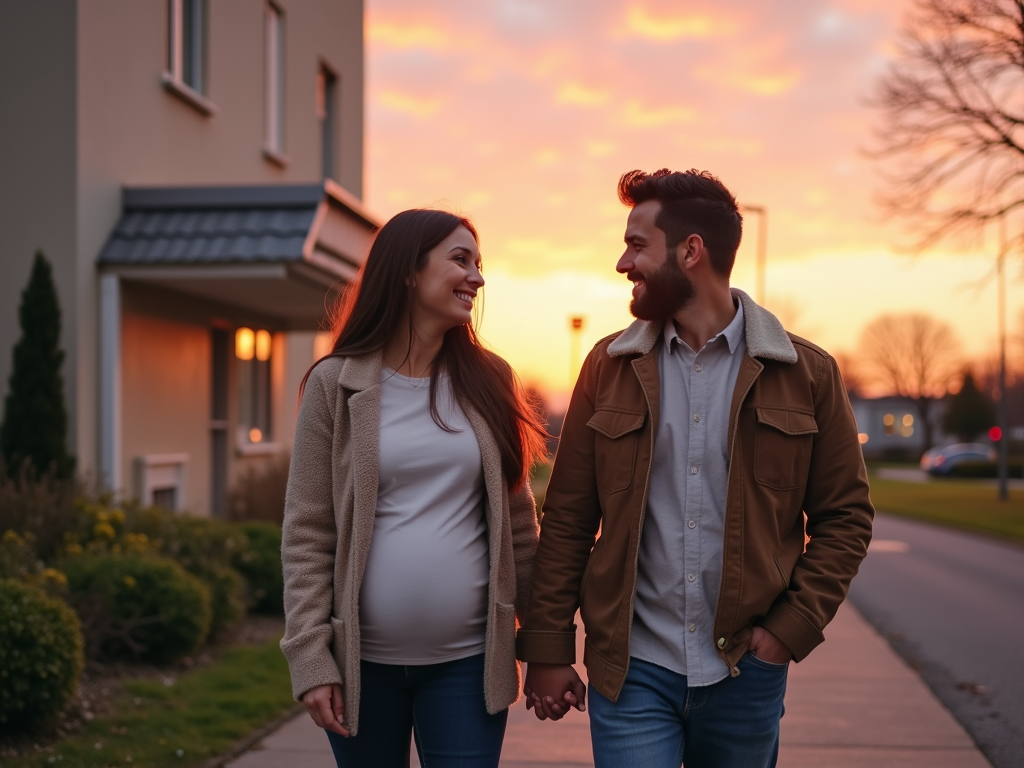 Couple walking near fertility clinic at sunrise