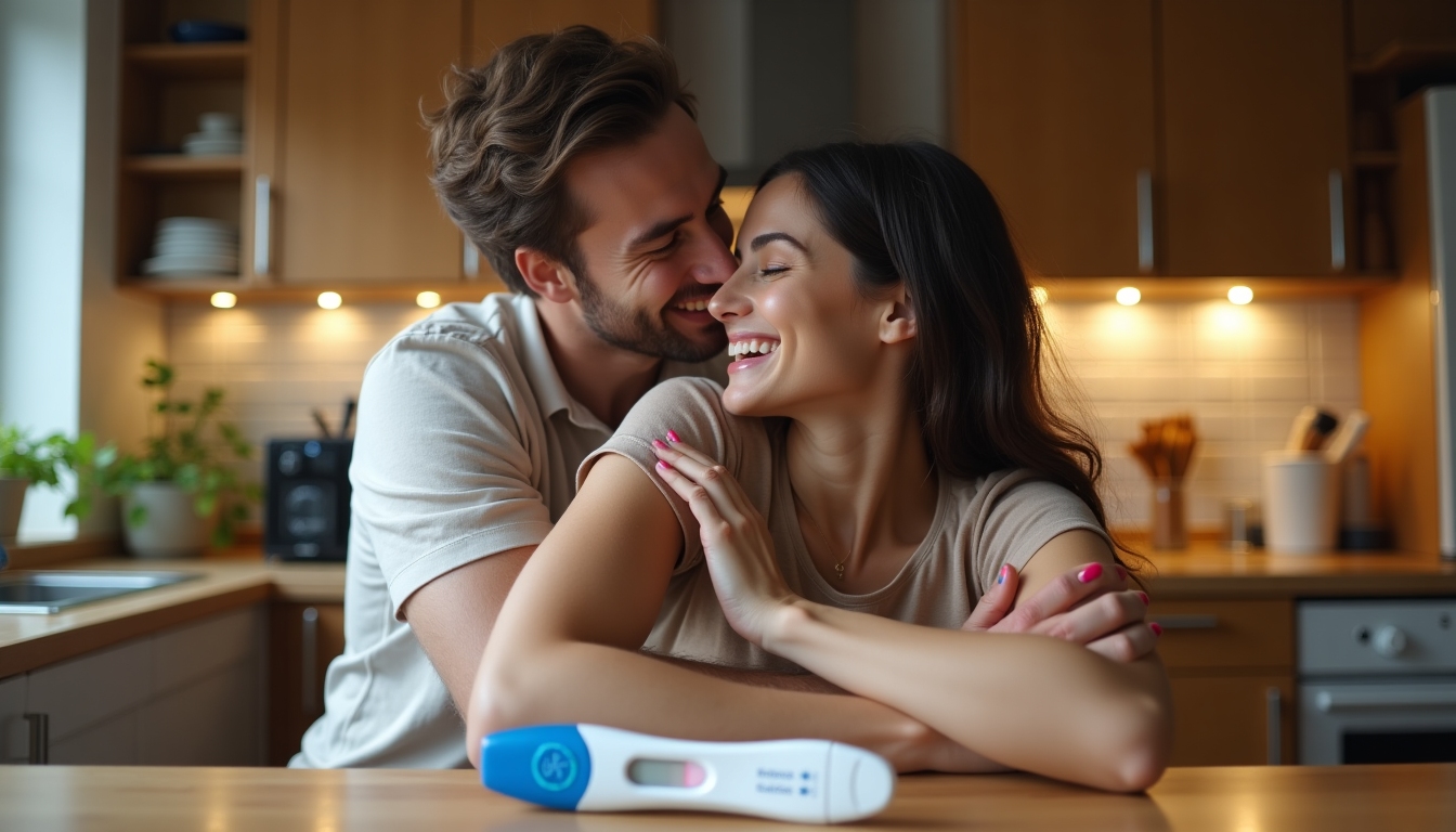 Couple celebrating positive pregnancy test