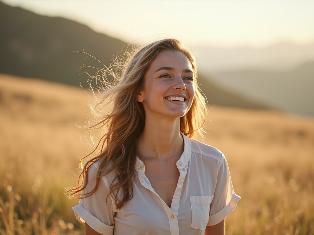 A portrait of a young woman smiling, with a sense of determination and hope, looking towards a brighter future.
