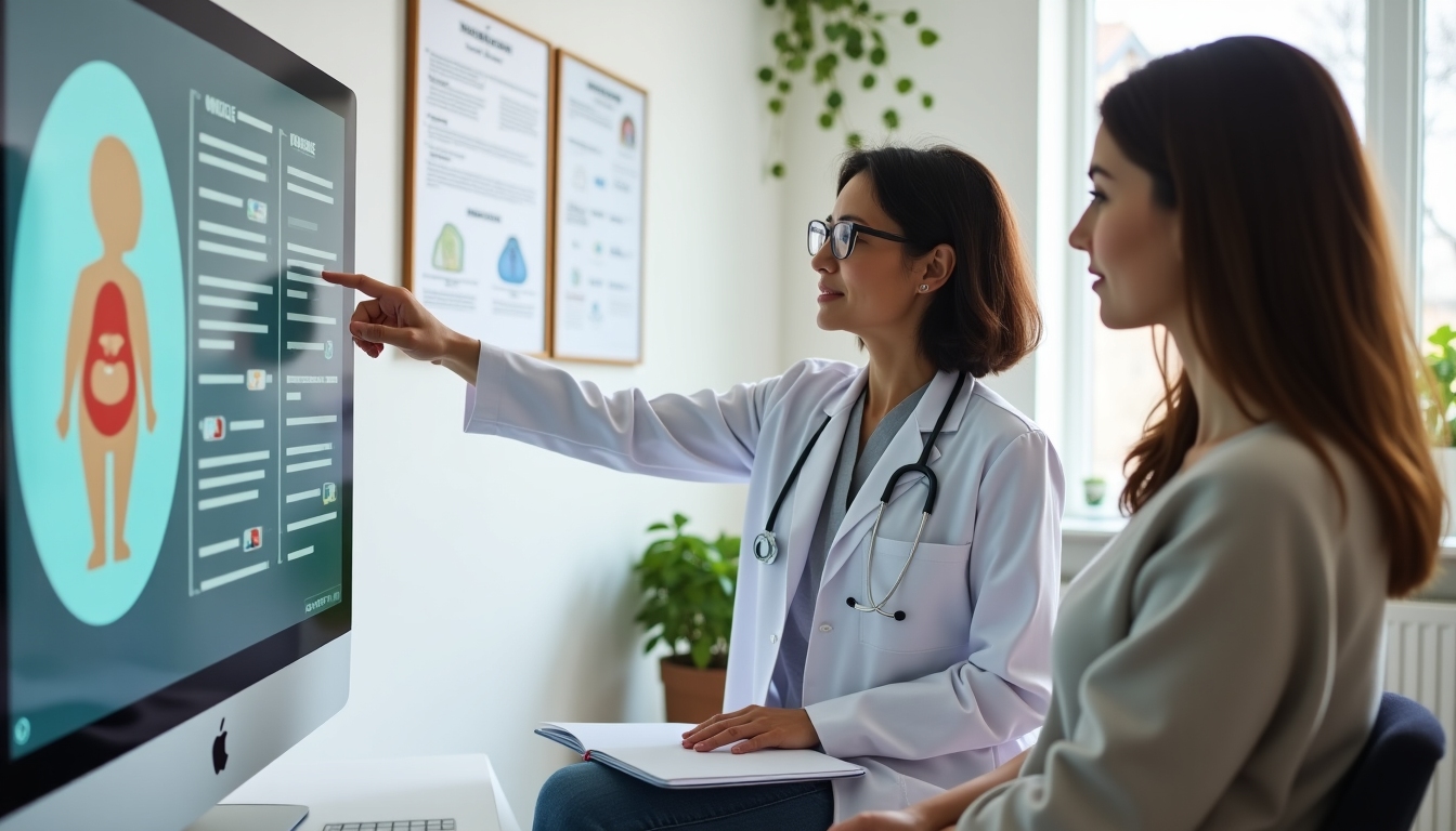 A close-up of a doctor explaining IVF procedures to a couple in a bright and modern clinic office.
