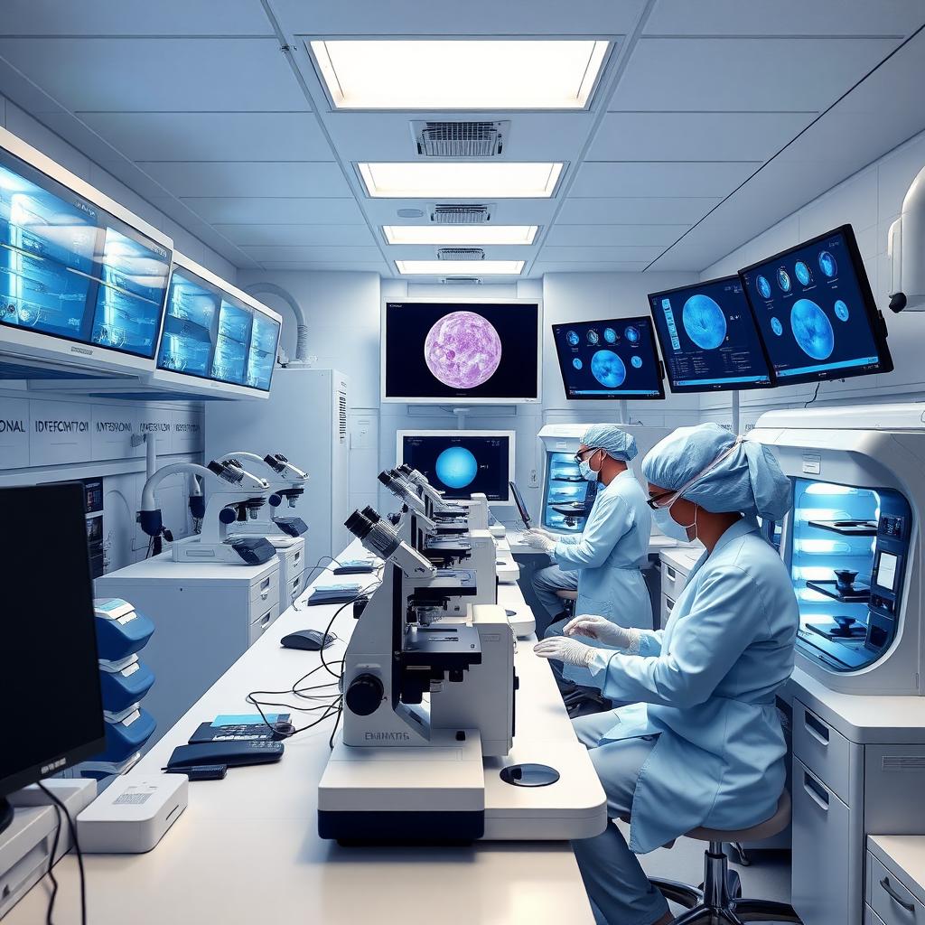 Embryologists working in a high-tech IVF laboratory with advanced equipment.