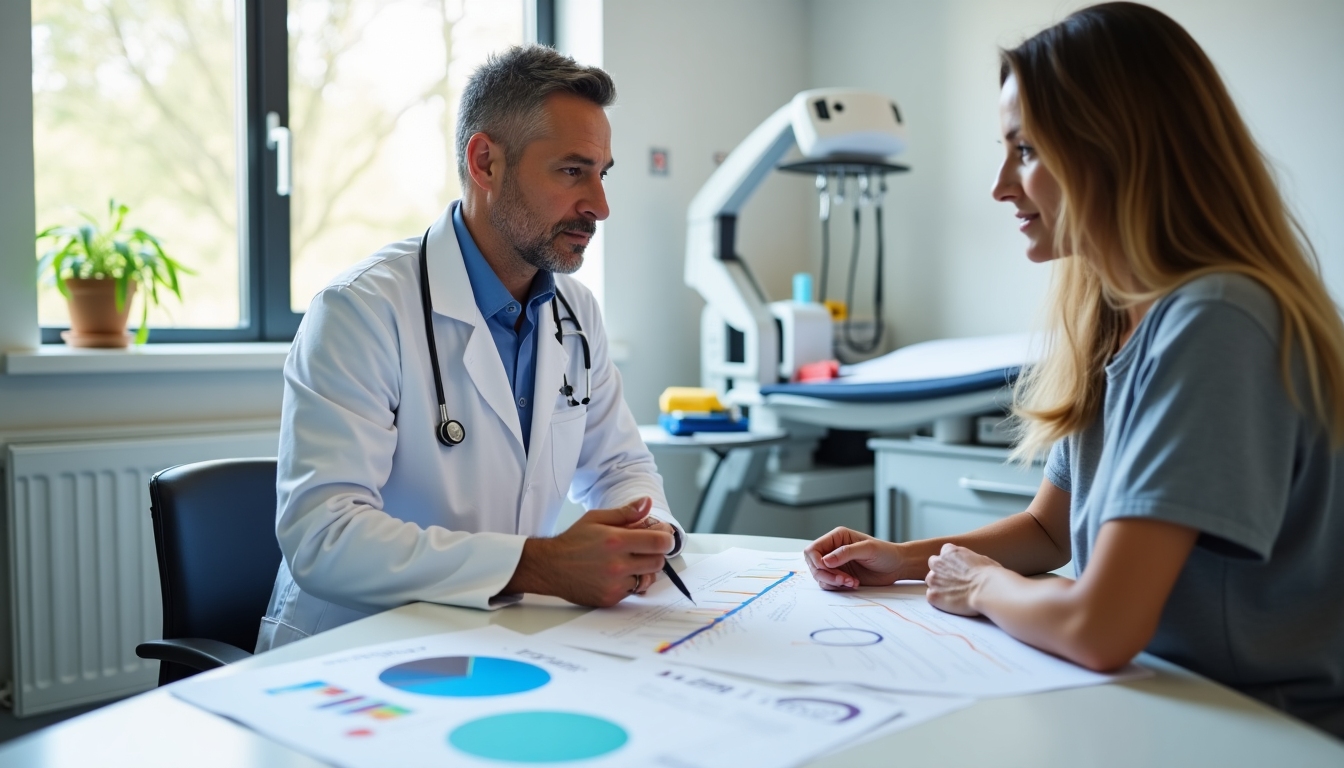 Doctor consulting with a patient in an office, both looking at charts