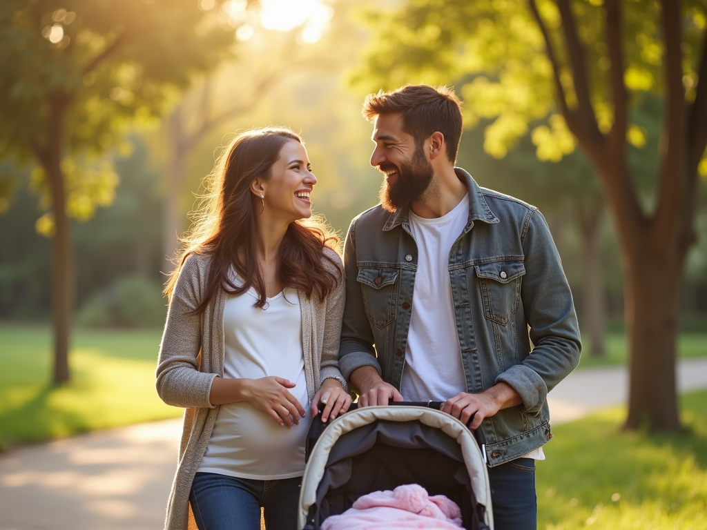 Couple pushing stroller with newborn in park.