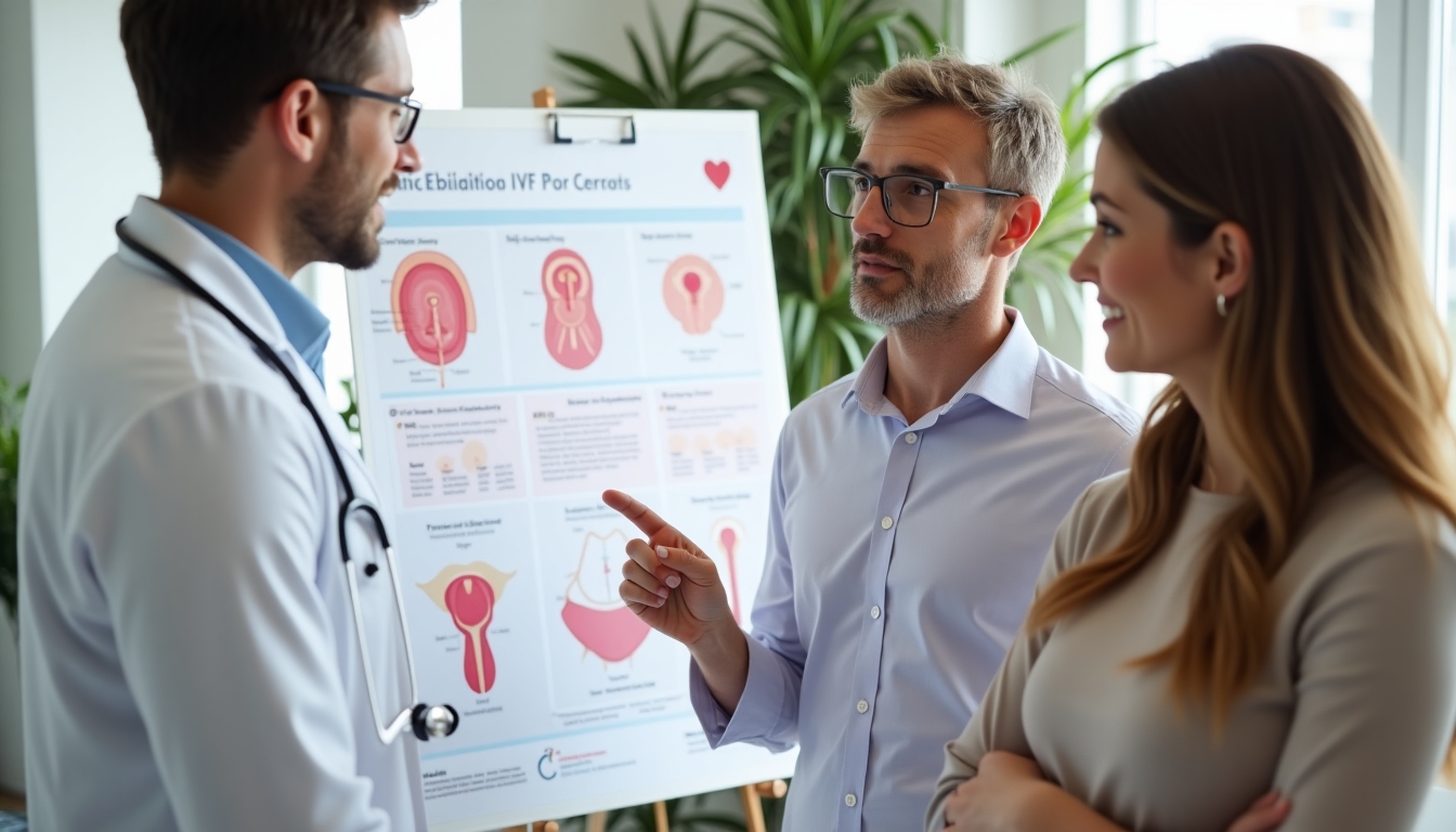 Doctor explaining IVF procedure with visual aids.