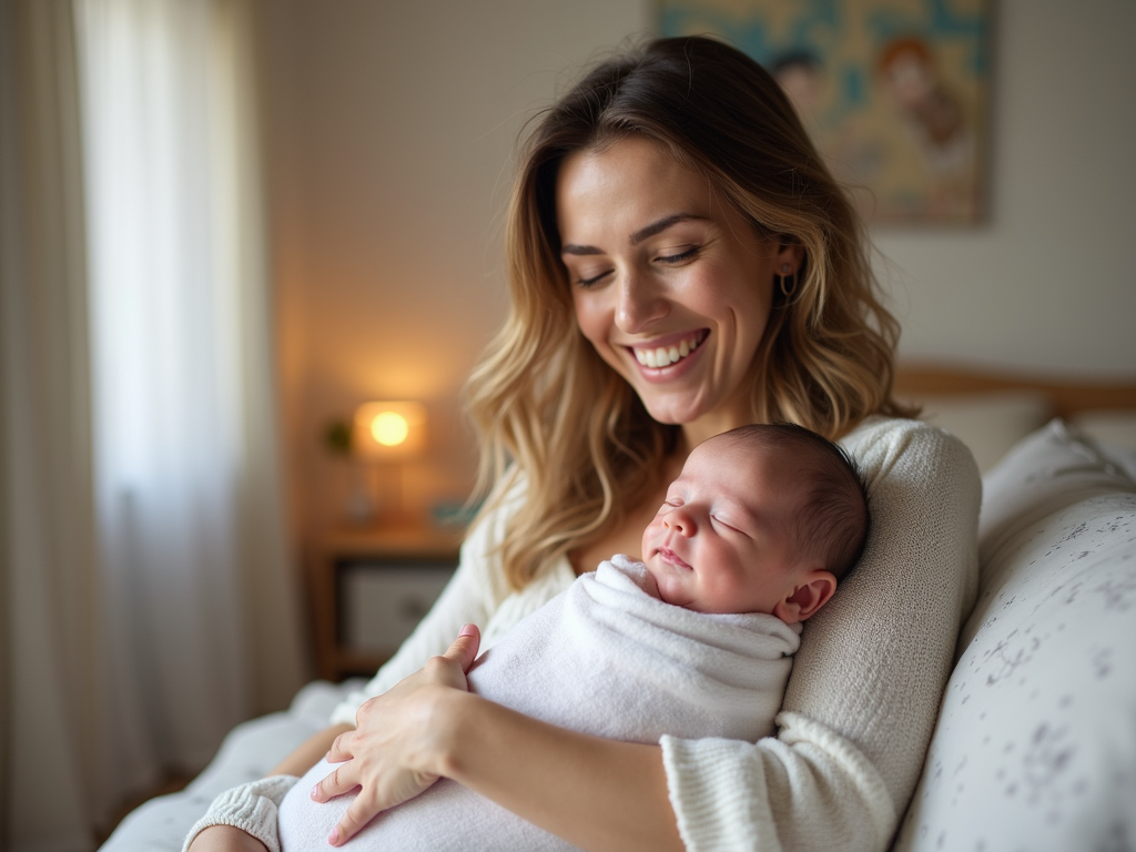 A woman holding her baby after using frozen embryos.