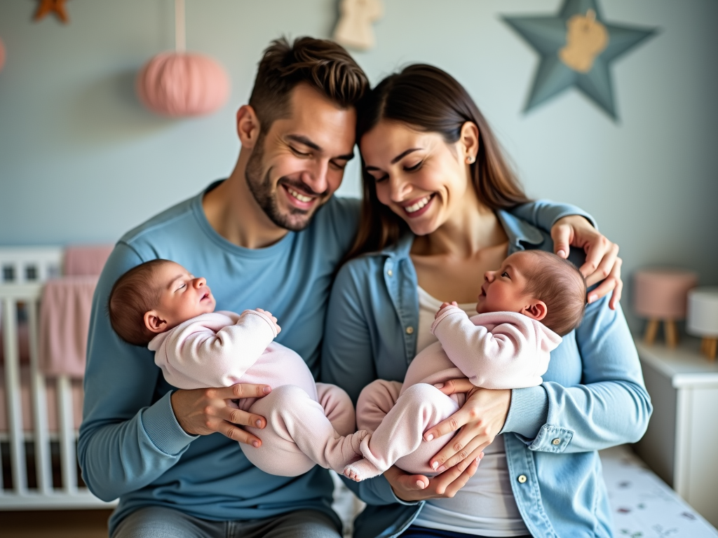 Family with newborn twins in nursery