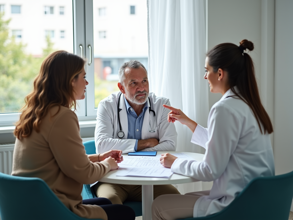 A couple learning about fertility treatments from their doctor.