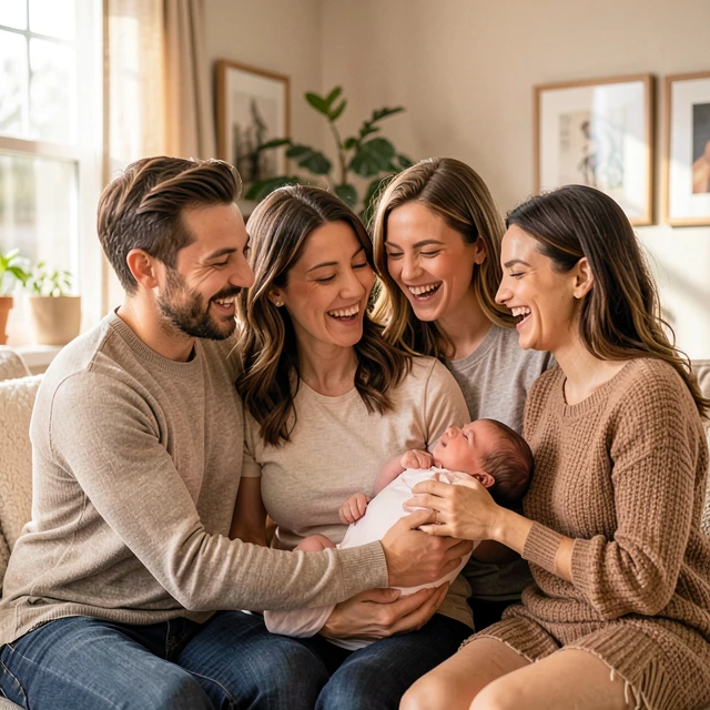 Intended parents celebrating with their surrogate and newborn baby at home