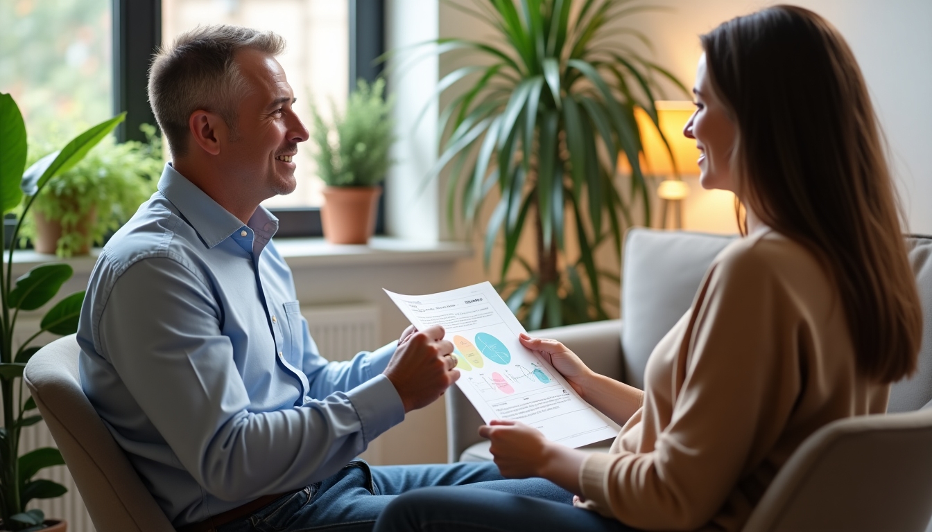 A smiling fertility specialist discussing treatment plans with a patient in a cozy office setting.
