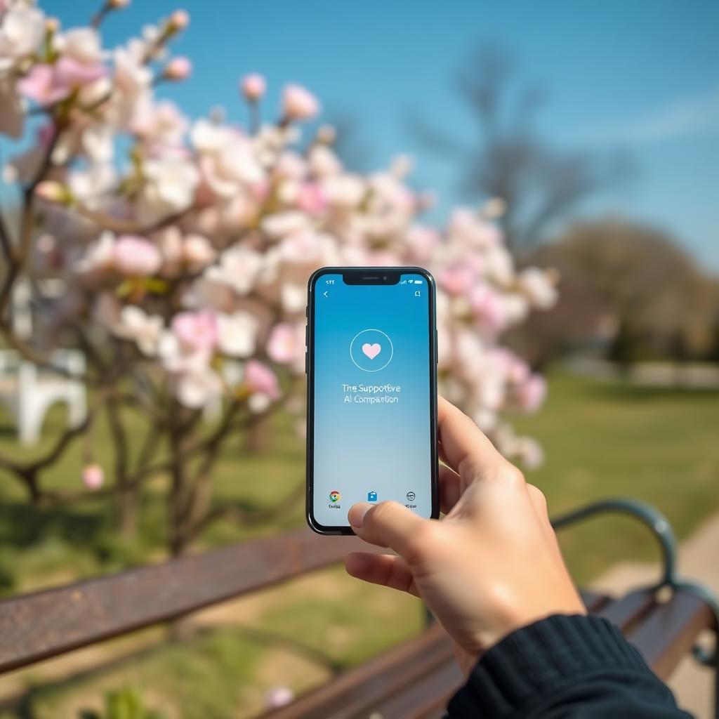 A person on a park bench using a smartphone with an AI companion interface, surrounded by blooming flowers.