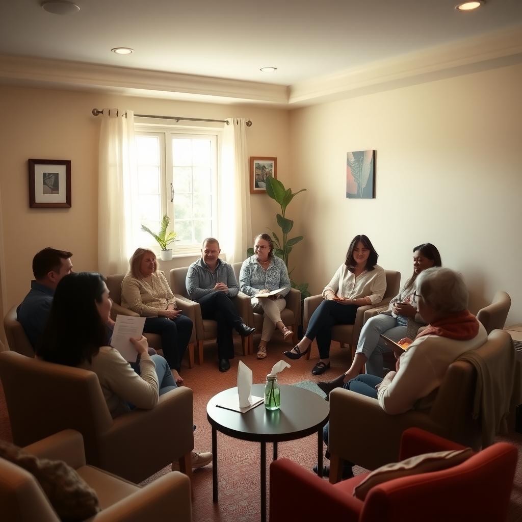 A diverse group of people in a cozy support group room, sitting in a circle with soft lighting and a comforting atmosphere.