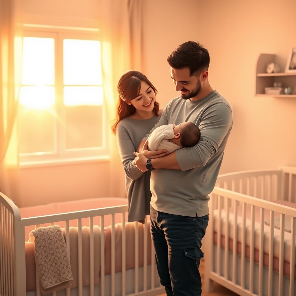 A new parent holding a newborn in a cozy, pastel-decorated nursery with a sunrise view.