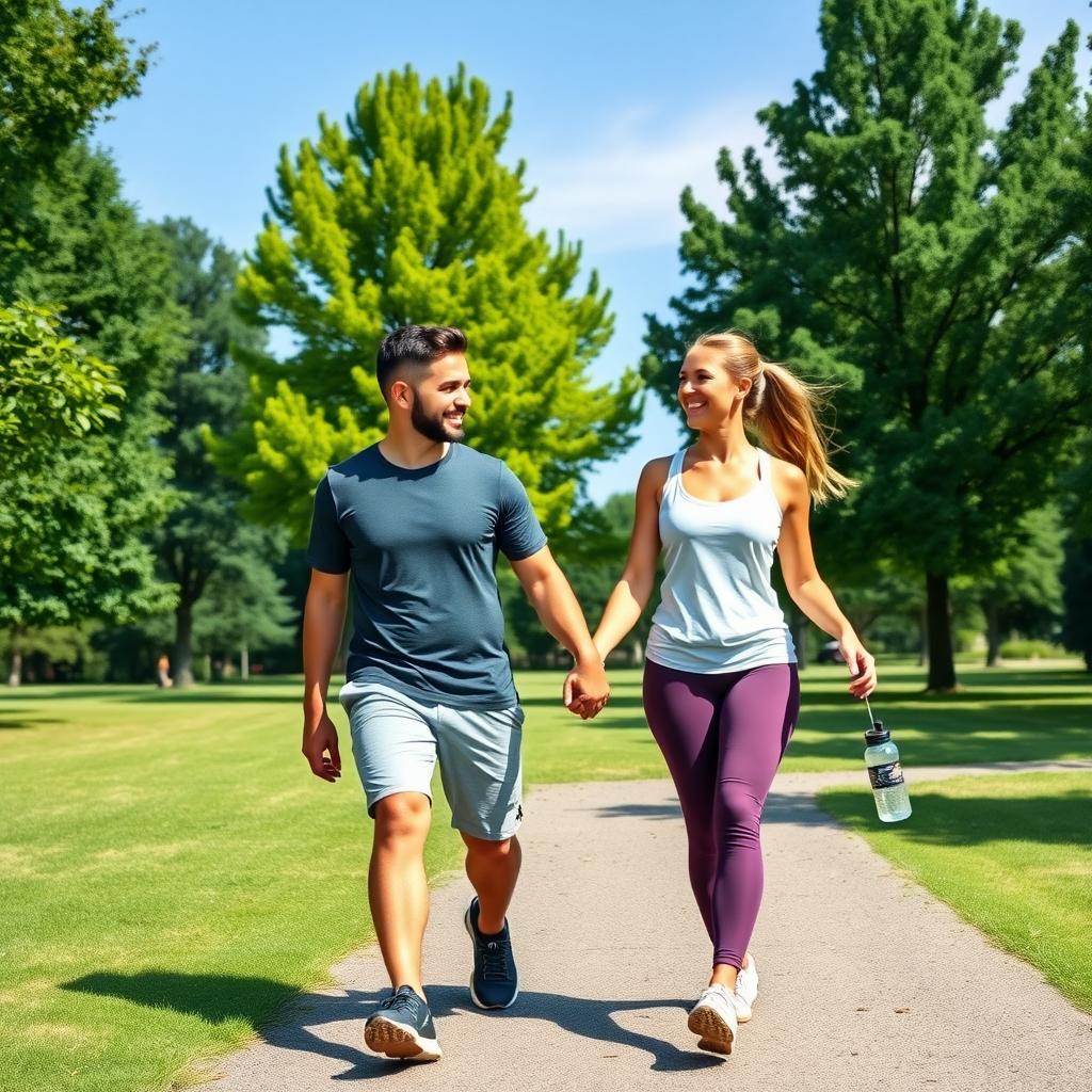 Couple walking in a park, dressed in casual workout clothes