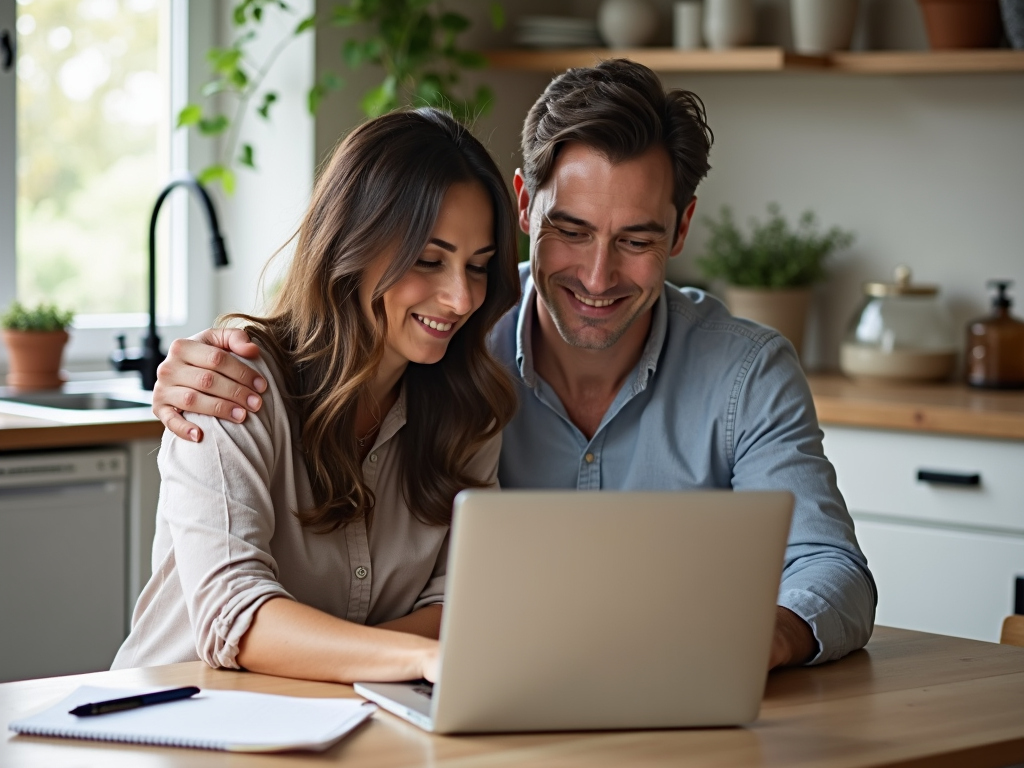 A couple planning their finances for IVF, sitting at a kitchen table with a laptop and notebook.