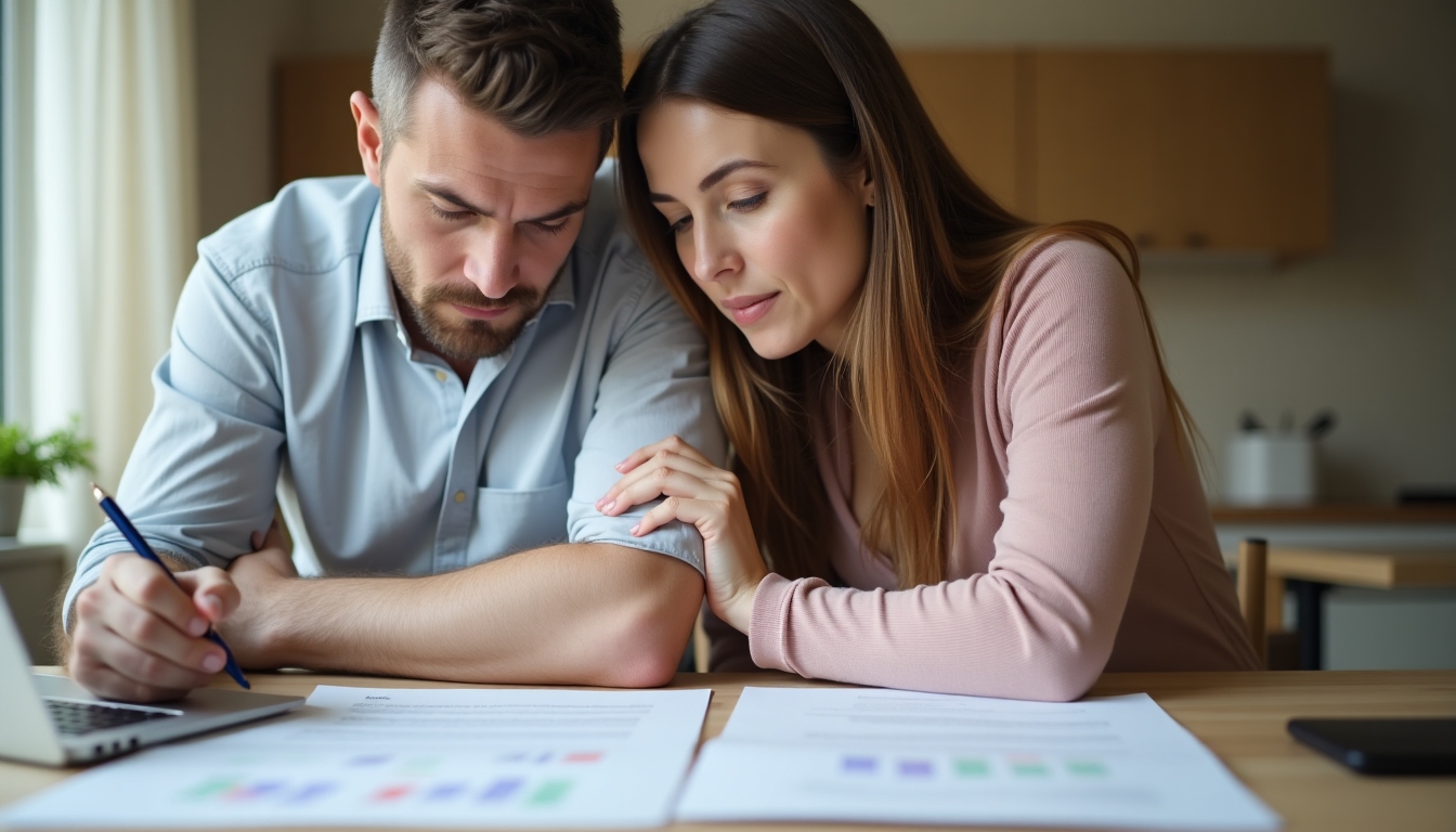 A couple sitting together, looking at financial papers and planning their IVF journey.