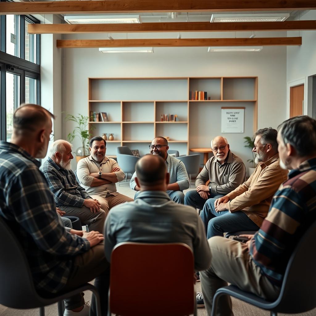 Group of men in a support group meeting, sitting in a circle in a bright community center.
