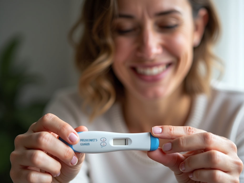 A woman celebrating a positive pregnancy test after fertility treatment.