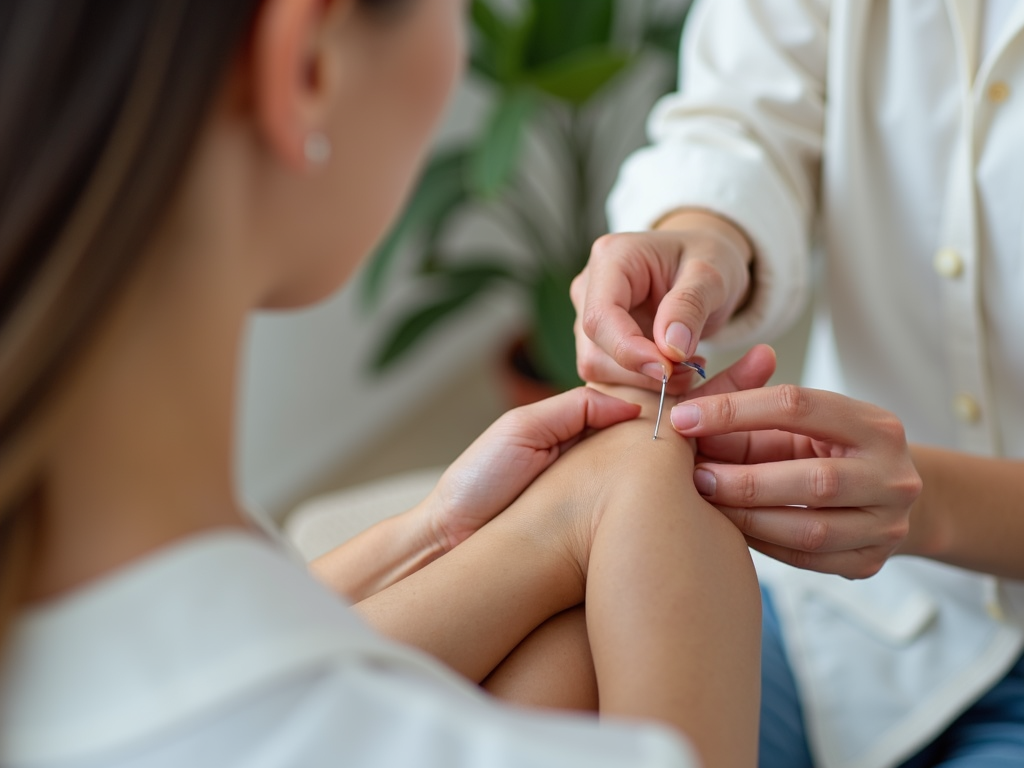 Acupuncture needle being placed on a fertility point.