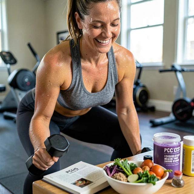 Woman strength training at home with PCOS-friendly meal prep