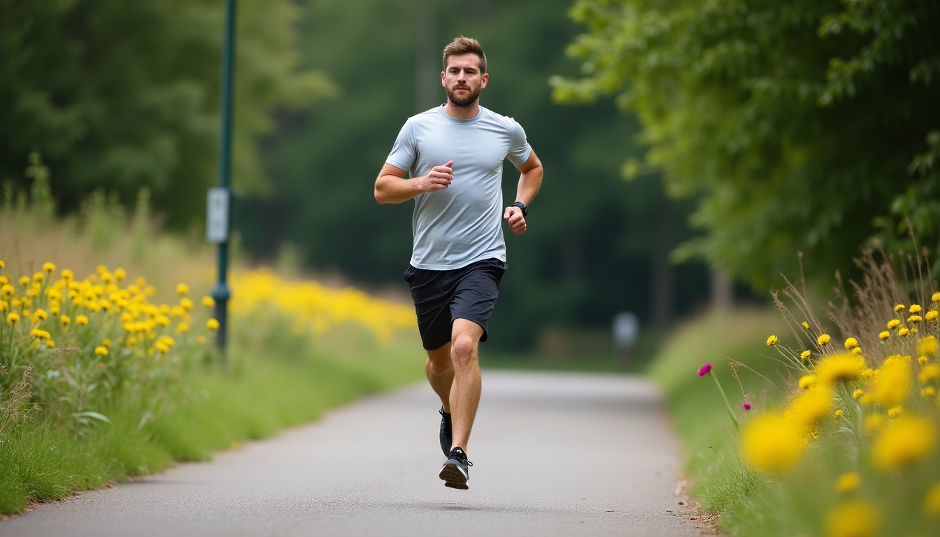 A man jogging outdoors with a determined look.